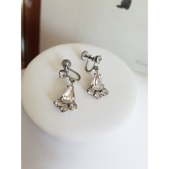 Clear Rhinestone Dangling Drop Screwback Earrings - Picture 2 of 10
